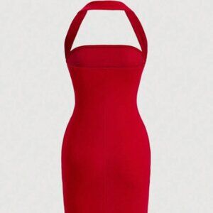 Red Solid Rushed Halter Neck Backless Bodycon Pencil Skirt Midi Dress